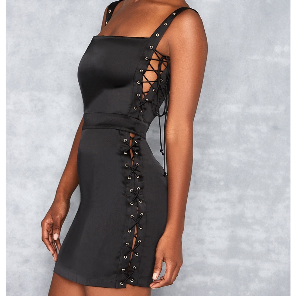 •NEW• Black Satin Side Lace Up Mini Dress